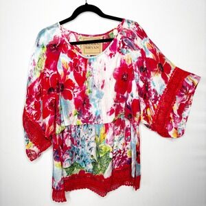 James Bryan Floral Print Tunic Top Size XL Red Crochet Split Sleeve Hem